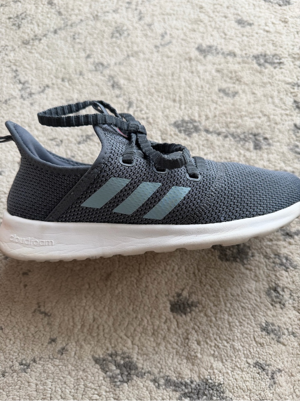 Adidas Women’s Grey Knit Cloudfoam Sneaker with Light Blue Stripes